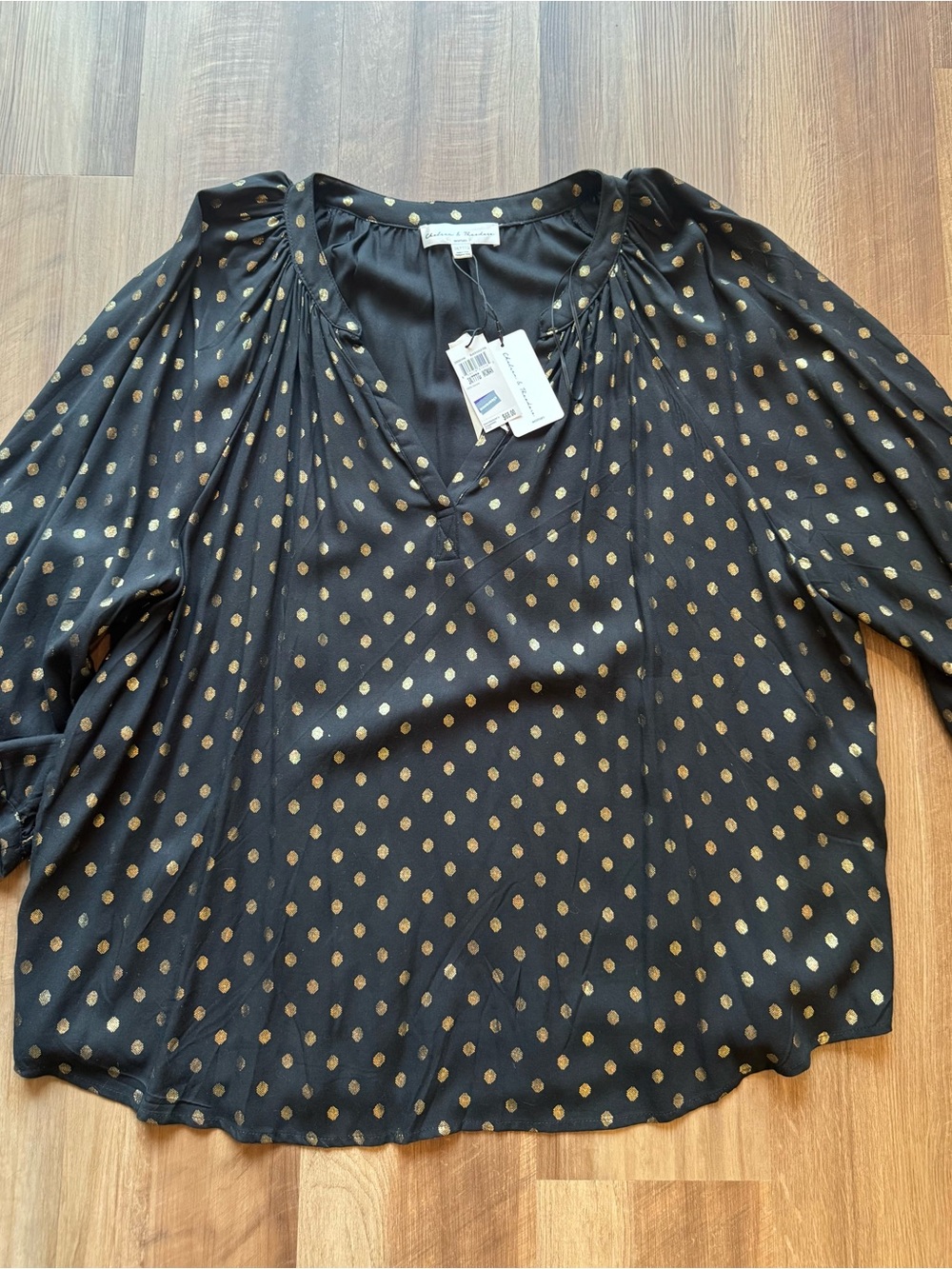 Chelsea & Theodore Black V-Neck Blouse with Gold Dot Print